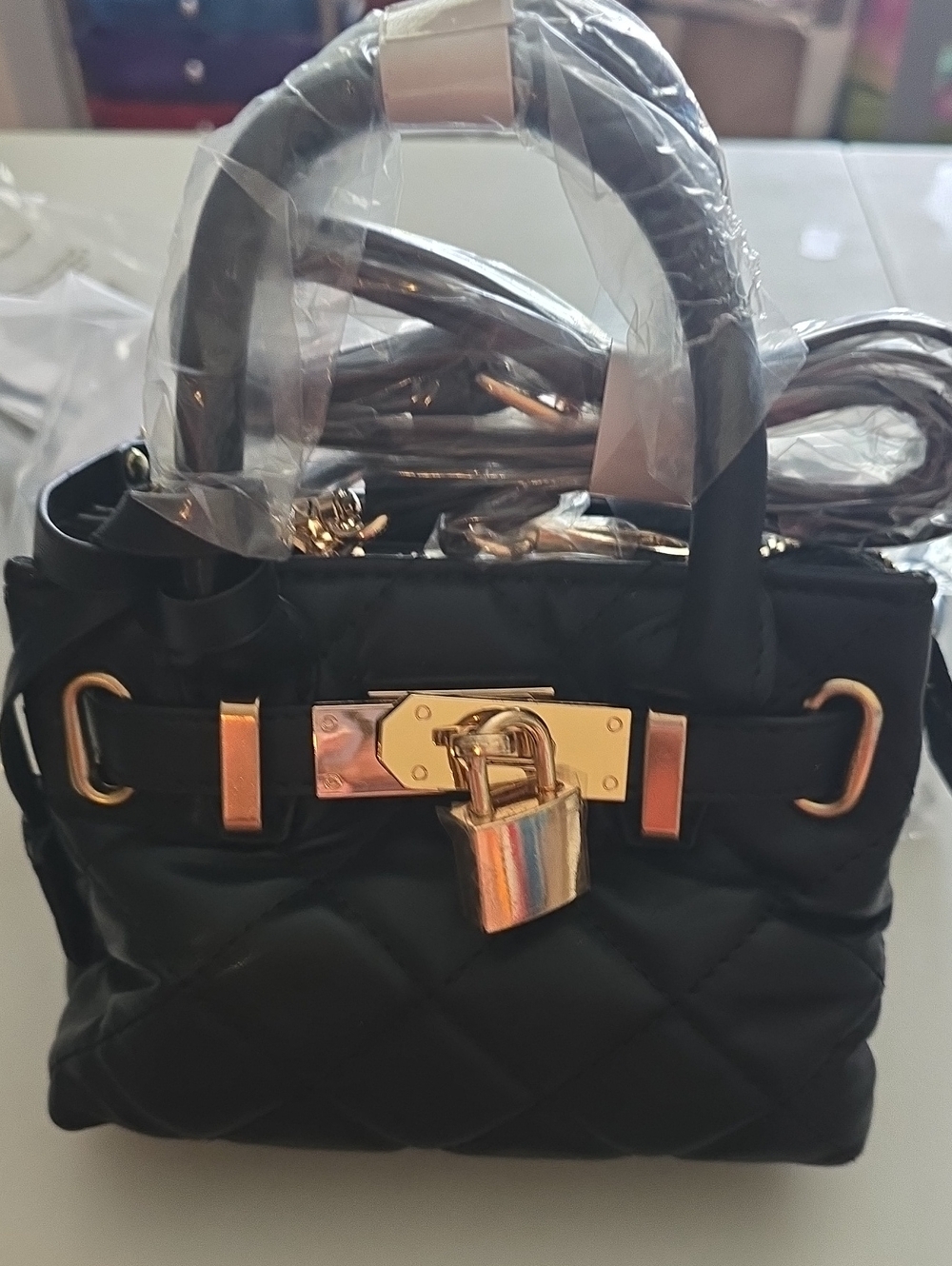 Badgley Mischka Black Quilted Mini Satchel with Gold Padlock